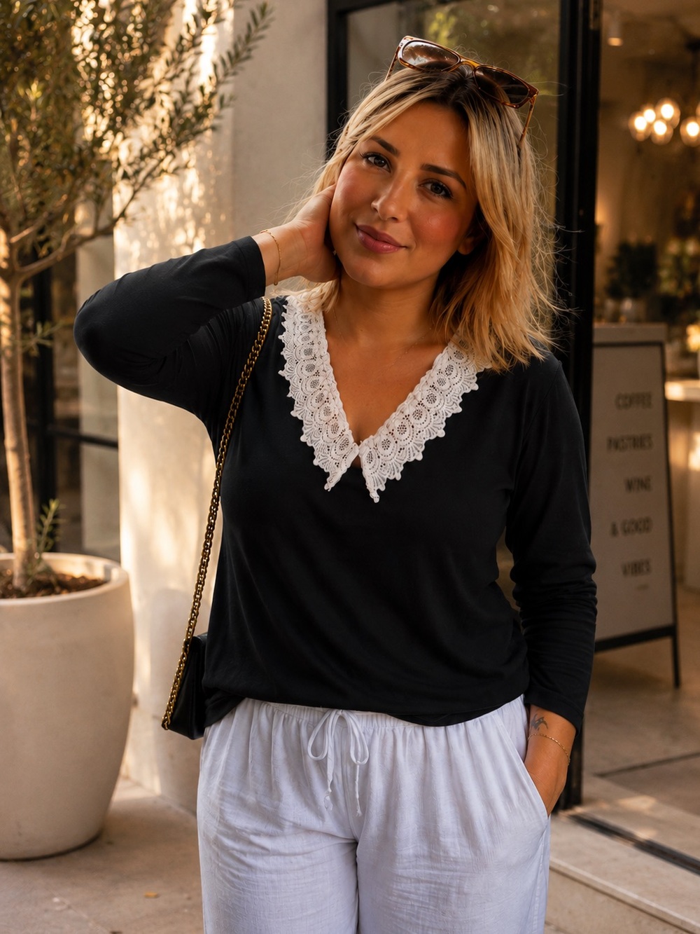 SHEIN Black sweater with White Lace Trim